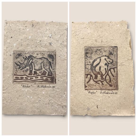 Animal Print Etchings on Handmade Paper by Emmanuel Mukwiro "Rhino" & "Hippo" - Picture 1 of 8